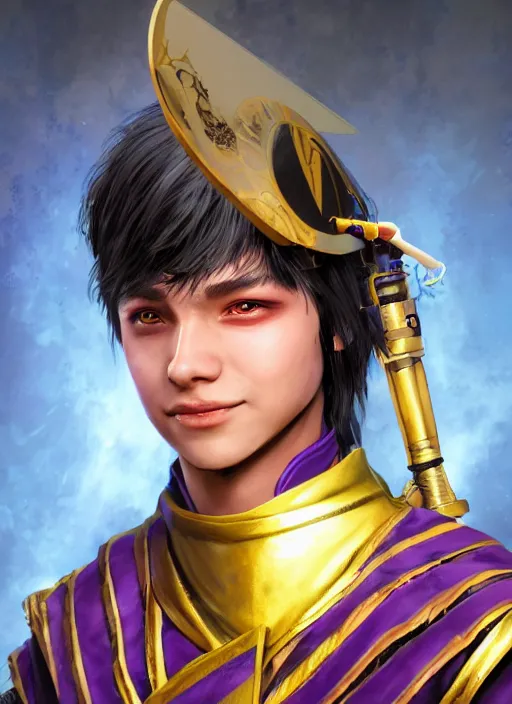 Image similar to An epic fantasy comic book style portrait painting of teenager boy with straight indigo hair, purple eyes with red eye markers, slim body, wearing a detailed Japanese kimono with golden armor details, holding a fan. Unreal 5, DAZ, hyperrealistic, octane render, cosplay, RPG portrait, dynamic lighting