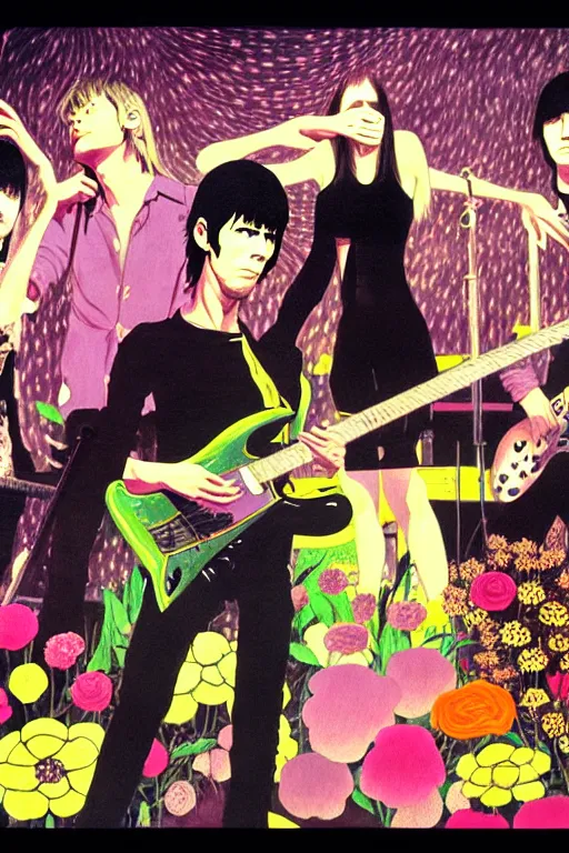 Image similar to the velvet underground and nico playing live on stage at a night club, beautiful stage decoration with flowers in the background, painting by hayao miyazaki, very detailed and colorful and toned down and ornamental and moody and cool and relaxed and high on drugs, trending on artstation, behance contest winner