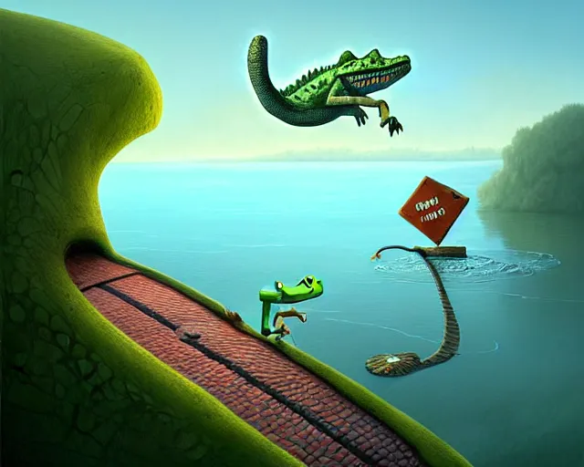 Image similar to A crocodile trying to catch a roadrunner, Funny cartoonish, by Gediminas Pranckevicius H 704