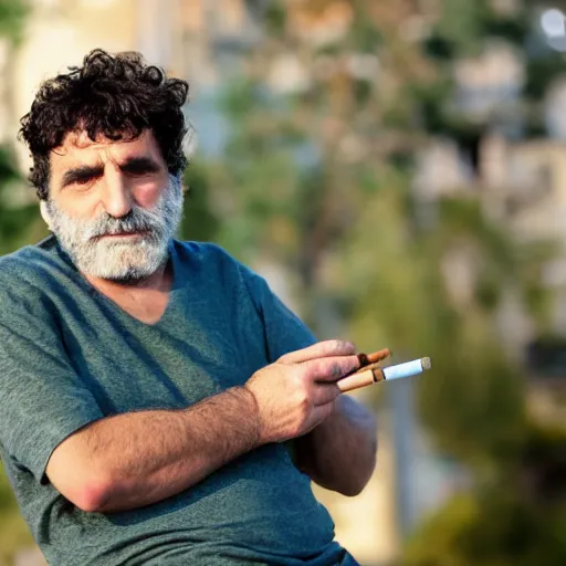 Prompt: small Greek man with green eyes smoking a cigarette