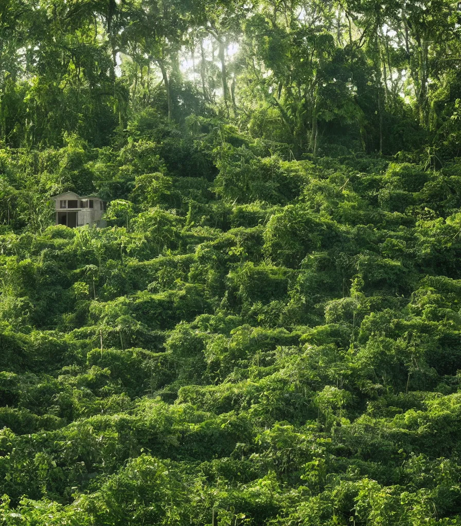 Image similar to a house made of rampant vine growth, in a clearing in the middle of a vine forest, dappled sunlight, 35mm photography, in the style of david chipperfield and gregory crewdson