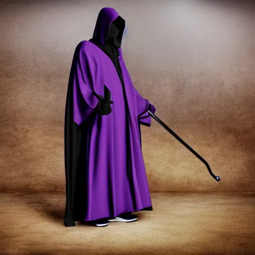 Image similar to grim reaper, purple cloak, full body