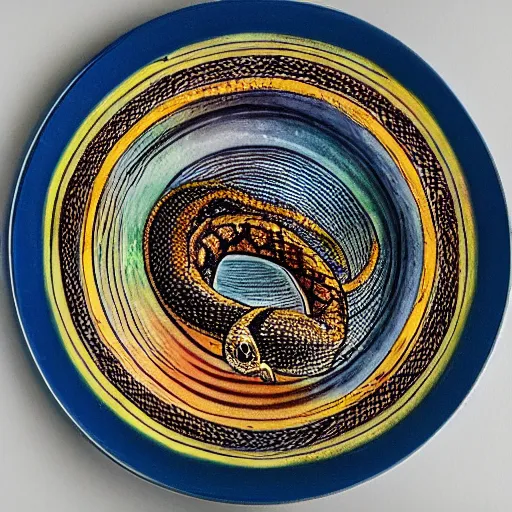 Prompt: circle made of a snake biting its own tail, tinted colours, highly detailed head, simple ring design on a plate