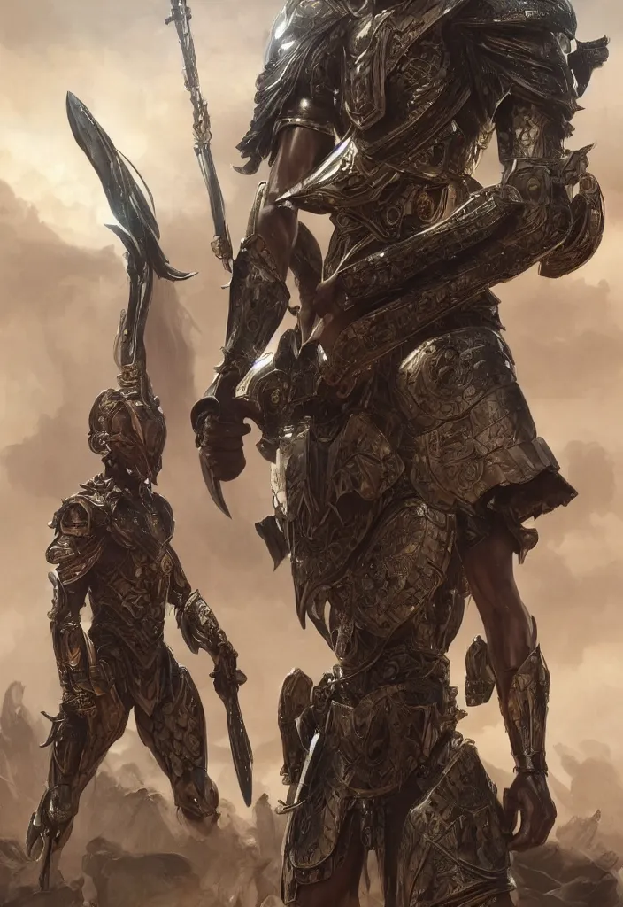 Image similar to anl muscular african warrior wearing futuristic armor holding a shield, standing in a heroic pose, ultra realistic, concept art, intricate details, eerie, horror, highly detailed, photorealistic, octane render, 8 k, unreal engine. art by artgerm and greg rutkowski and alphonse mucha