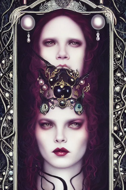 Image similar to black Crown with iridescent pearls, jewels, other worldly, art nouveau, by Anato Finnstark, Tom Bagshaw, Brom