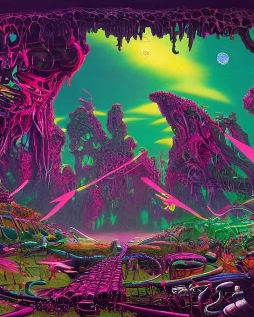 Prompt: rave party by roger dean, biomechanical, 4 k, hyper detailed