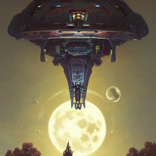 Image similar to alien mothership hovering above earth, night scene, full moon, intricate, elegant, highly detailed, digital painting, artstation, concept art, smooth, sharp focus, illustration, art by artgerm and greg rutkowski and alphonse mucha