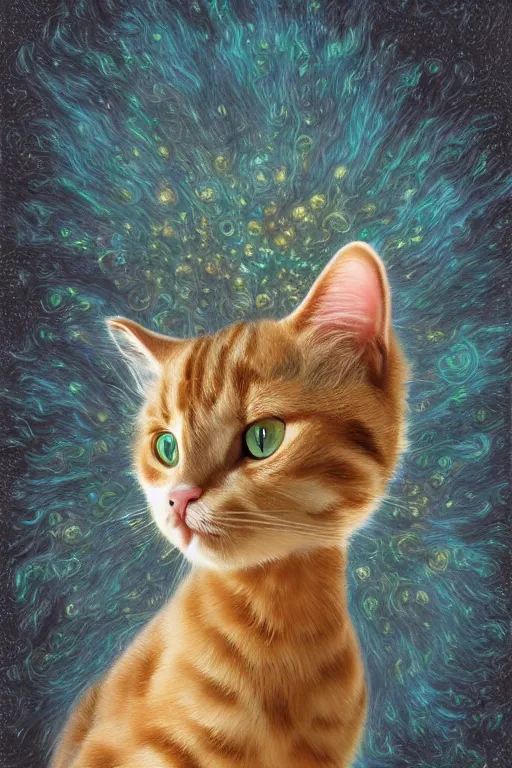 Image similar to Recursive image with a well rounded Calico feline, large eyes, shiny soft fur, anatomically correct, surrounded by matte mirroring swirling wisps of jelly blobs, oil pastels and gold, in the style of albert lynch, modeled in Poser, Redshift render, UHD