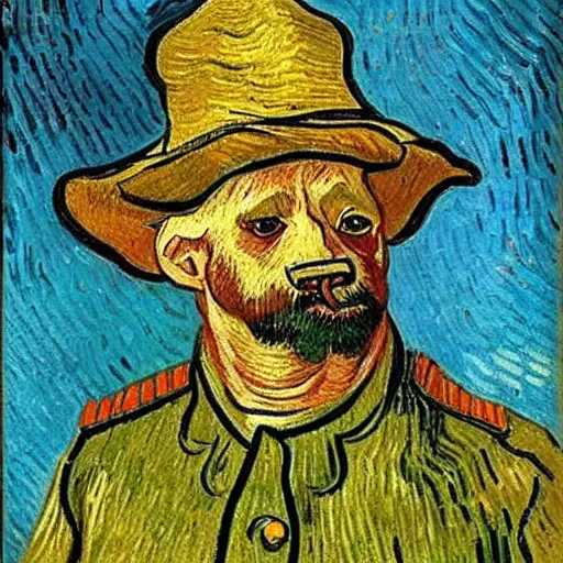 Image similar to a painting of a pig headed general wearing uniform, in the stlye of vincent van gogh,