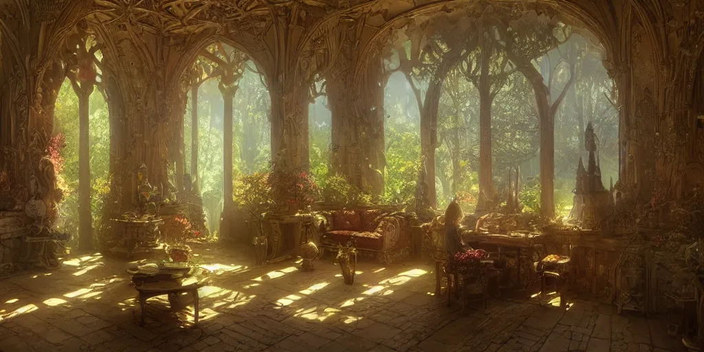 Image similar to a room in a fairy castle, stephen bliss, unreal engine, fantasy art by greg rutkowski, ferdinand knab,, ilya kuvshinov, maxfield parrish tom bagshaw, alphonse mucha, global illumination, radiant light, detailed and intricate environment