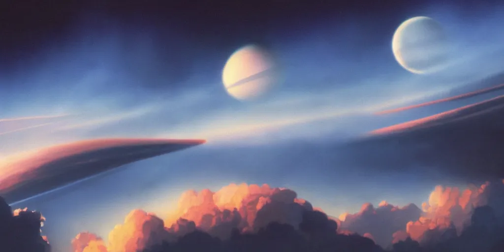 Image similar to blue dreamy cloudscape with a single planet in the clouds, daylight, cinematic lighting, cinematic perspective, syd mead, john harris, federico pelat,