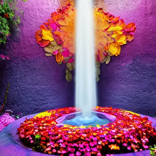 Prompt: photograph of Georgia O'Keefe flower sculptural fountain with flower petals and water flowing throughout, feminine, beautiful, curvy, flowers background, romantic, sensual, shallow depth of field