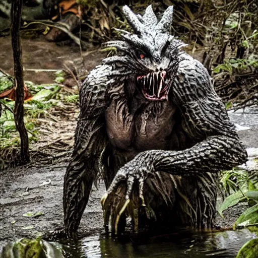 Image similar to werecreature consisting of a mixture of human and crocodile, photograph captured at woodland creek