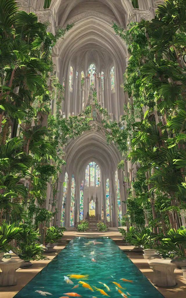 Image similar to beautiful grand cathedral interior with koi! pond!! in the! middle! surrounded by palm trees, ivy, flowers!!, tropical plants, roses!!, and with archways, rendered in octane render with photorealistic volumetric cinematic lighting, wide angle, horizontal symmetry, symmetrical! 8 k