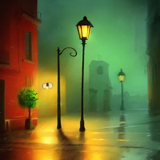 Prompt: a cute orange tabby cat with green on an old street, it is night and raining, street lamps are illuminating the street, moody lighting, peaceful atmosphere, digital art, highly detailed, high contrast, beautiful lighting, award winning, trending on art station, 8 k,