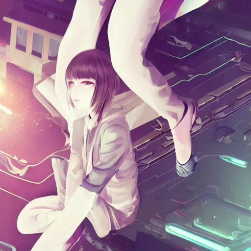 Image similar to Frequency indie album cover, luxury advertisement, white, indigo and teal colors. highly detailed post-cyberpunk sci-fi close-up schoolgirl in asian city in style of cytus and deemo, mysterious vibes, by Ilya Kuvshinov, by Greg Tocchini, nier:automata, set in half-life 2, beautiful with eerie vibes, very inspirational, very stylish, with gradients, surrealistic, postapocalyptic vibes, depth of filed, mist, rich cinematic atmosphere, perfect digital art, mystical journey in strange world, bastion game, arthouse