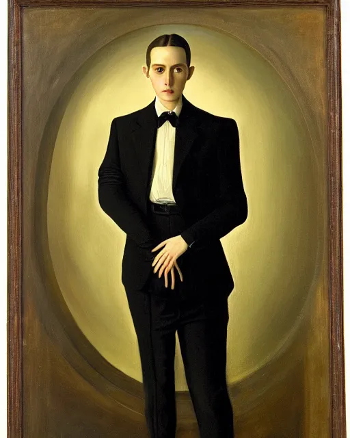 Image similar to portrait of young man wearing black medical mask, suit and tie, style of james c. christensen