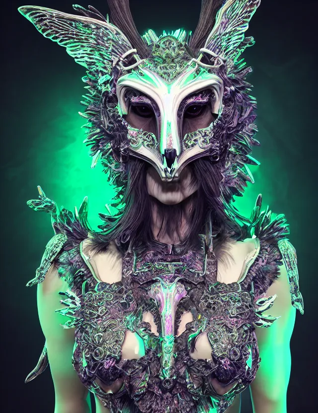 Image similar to 3 d goddess medium shot portrait with raven skull. beautiful intricately detailed avante garde wolf mask and electro sorceress outfit. neon moths, bio luminescent, frost, splash,, creature, artwork by tooth wu and wlop and beeple and greg rutkowski