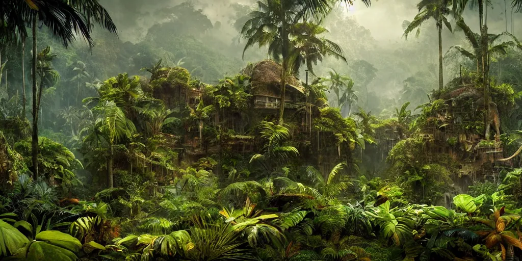 Prompt: tropical jungle, wall wood fortress, ((borderland style)), Hyperrealistic CGI, Photorealistic, plants environment, wide angle, establishing shot, cinematic lighting, atmospheric, realistic, octane render, highly detailed, color graded, matte painting in the style of craig mullins