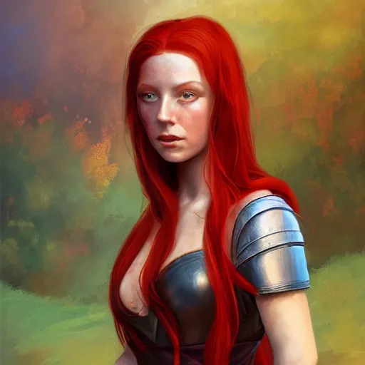 Prompt: portrait of a beautiful young women with red hair and freckles, slight smile, renaissance colorful dress, leather armor, digital painting by Michael Whelan, dnd illustration, trending on Artstation, sfw