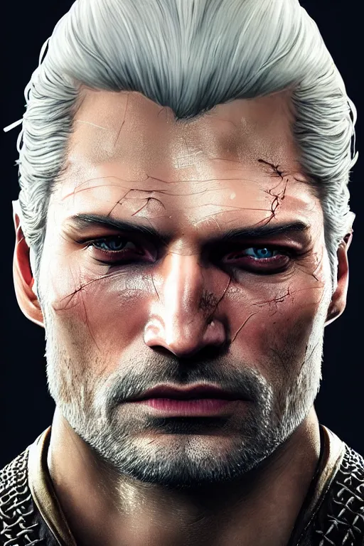 Image similar to the witcher, nikolaj coster - waldau face!!!, masterpiece portrait, white hair, highly detailed face, ultra realistic, concept art, intricate details, highly detailed, photorealistic, octane render, 8 k, unreal engine. horror film still, heavy grain, 3 5 mm, art by artgerm and greg rutkowski and alphonse mucha