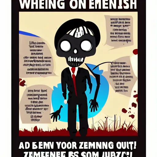 Image similar to a poster for en employees job search saying : looking for cute zombie