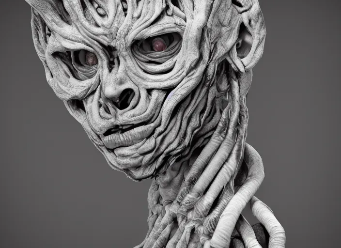 Image similar to stylized shiny polished silver statue full body extra limbs bizarre cosmic horror demonic demon made of marble of slug creature, perfect symmetrical body, perfect symmetrical face, hyper realistic, hyper detailed, by johannen voss, by michelangelo, octane render, blender, 8 k, displayed in pure white studio room