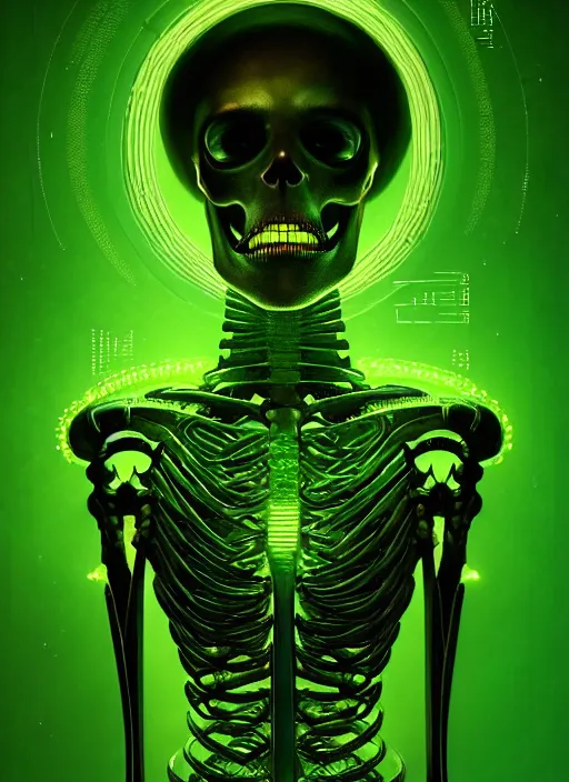 Image similar to portrait of a cyber skeleton, writing ancient runes with glowing green ink in a grand tome, intricate, elegant, glowing lights, highly detailed, digital painting, artstation, concept art, smooth, sharp focus, illustration, art by wlop, mars ravelo and greg rutkowski