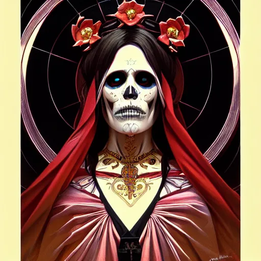 Image similar to symmetry!! portrait of santa muerte, intricate, elegant, highly detailed, my rendition, digital painting, artstation, concept art, smooth, sharp focus, illustration, art by artgerm and greg rutkowski and alphonse mucha