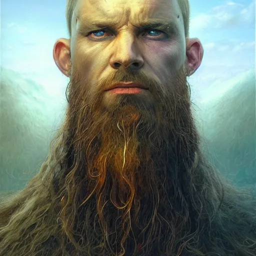 Prompt: a hyperrealistic acrylic portrait painting of a viking king by artgerm, beksinski and thomas kinkade. intricate details. believable eyes. head and shoulders. front on, symmetrical. epic fantasy art.