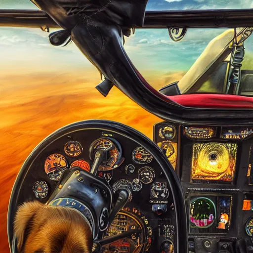 Prompt: photorealistic dog in a biplane. hyperdetailed photorealism, 1 0 8 megapixels, amazing depth, glowing rich colors, powerful imagery, psychedelic overtones, 3 d finalrender, 3 d shading, cinematic lighting, artstation concept art