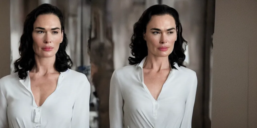 Image similar to ultra wide angle photo of lena headey dressed in a white blouse and black dress pants as diana prince looking at herself in a bathroom mirror and seeing her reflection as wonder woman