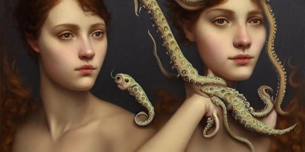 Image similar to An incredible detailed portrait of a young woman and an octopus, in the style of pre-Raphaelite, by Goro Fujita, Tom Bagshaw, trending on Artstation, 8k, masterpiece, fine detail, full of color, intricate detail