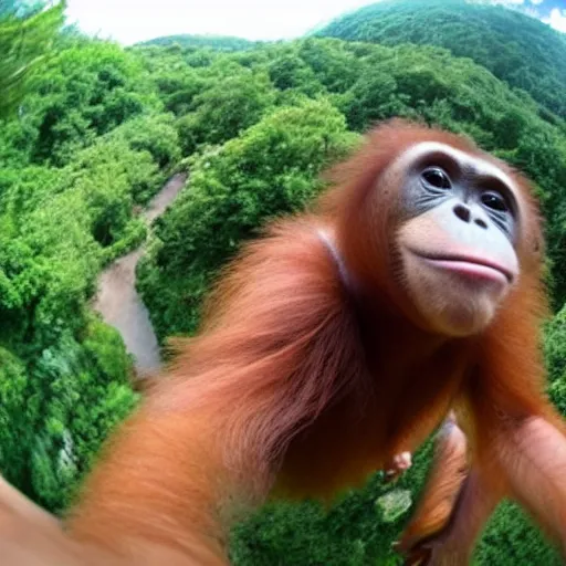 Image similar to baby orangutang, low quality 2 4 0 p fish eye lens selfie