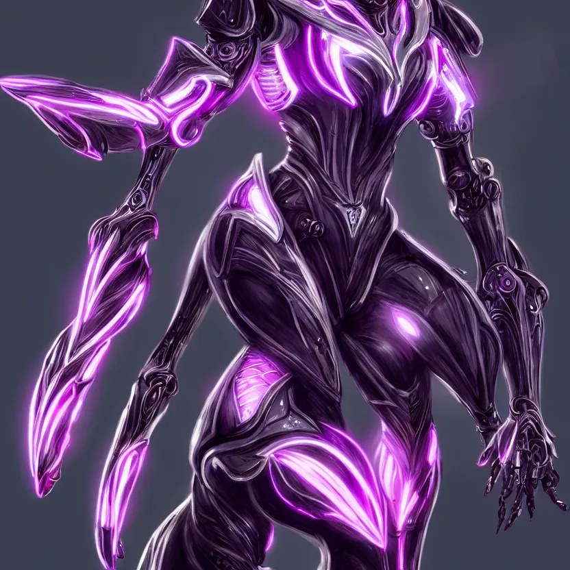 Image similar to highly detailed exquisite fanart, of a beautiful female warframe, but as an anthropomorphic robot dragon with glowing purple eyes, shiny silver armor with fuchsia accents, engraved, elegant pose, close-up shot, full shot, epic cinematic shot, sharp claws for hands, professional digital art, high end digital art, singular, realistic, DeviantArt, artstation, Furaffinity, 8k HD render