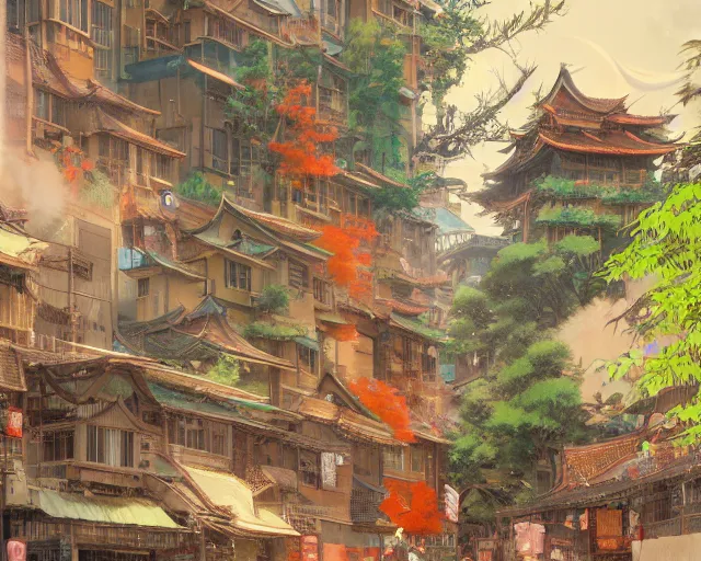 Prompt: street-level view of a colorful kitsune city, bamboo, flowers, anime, fox people, a fantasy digital painting by Greg Rutkowski and James Gurney, trending on Artstation, highly detailed