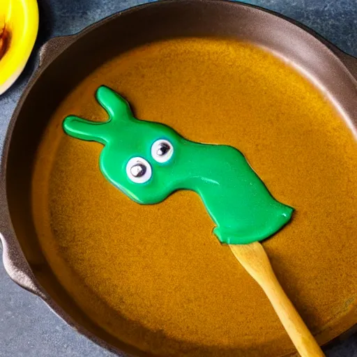 Prompt: photo of Gumby being melted in a pan of hot oil