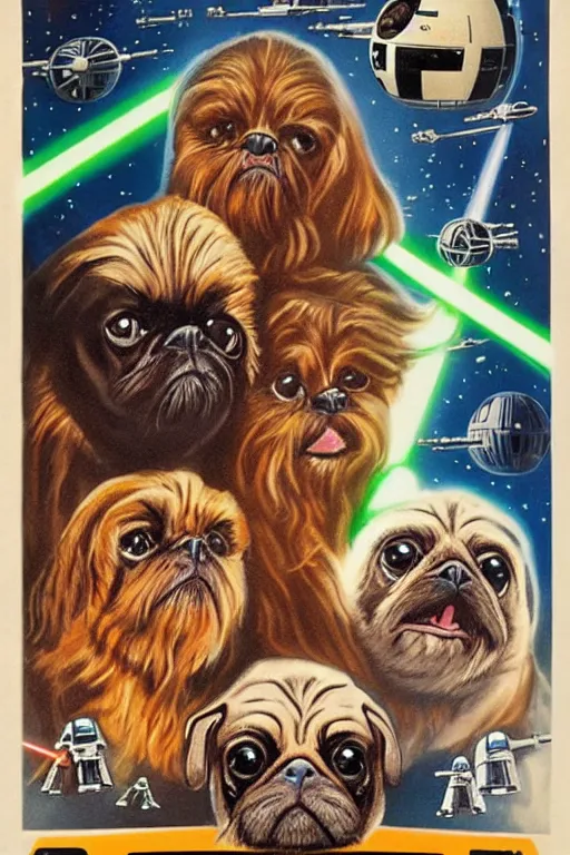 Image similar to vintage 1 9 7 7 star wars episode iv a new hope movie poster, with pugs instead of people