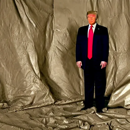 Prompt: photographic evidence of donald trump standing in front of a nuclear bomb hidden under a tarp, 1 0 8 0 p cnn footage