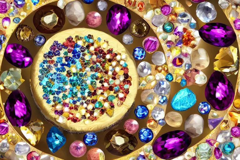 Image similar to Insanely beautiful and delicious-looking cheesecake made of precious stones and gems, photorealistic, 8K, trending on artstation