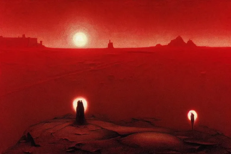 Image similar to only with red, red god of death eat apple, a futuristic city on mars in the background, an ancient path, in the style of beksinski, part by hopper, part by rodcenko, part by hofbauer, intricate composition, red by caravaggio, insanely quality, highly detailed, masterpiece, red light, artstation, 8 k