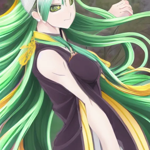 Image similar to long white hair in ponytail, tall, green and gold clothed, flower, genshin impact style, anime, 3 d anime portrait