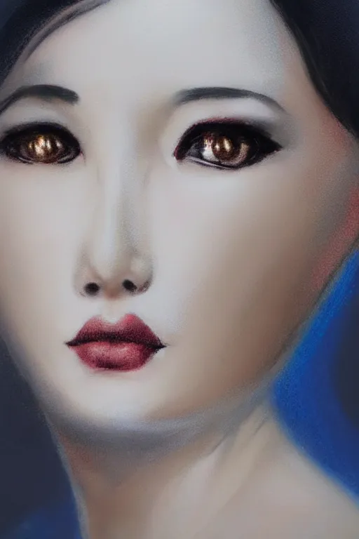 Image similar to hyperrealism close - portrait of ada wong, wearing silver silk robe, blue palette