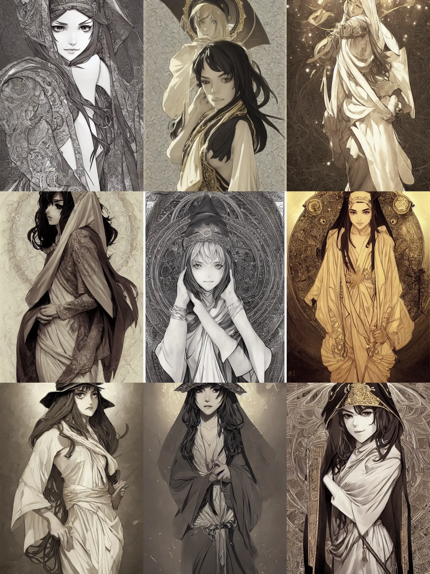 Prompt: picture of a teenager priestess, thigh robes, golden scarf, pointy hat, cute face, graceful, highly detailed, detailed face, manga illustration, black and white, by artgerm, greg rutkowski, alphonse mucha