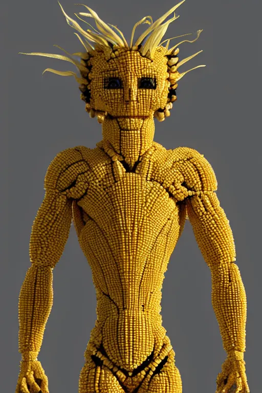 Image similar to a humanoid figure made of corn, highly detailed, digital art, sharp focus, trending on art station, anime art style