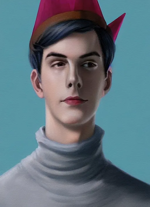 Image similar to portrait of teenage jughead jones wearing a light grey crown, crown, blue turtleneck, 1 9 5 0 s, closed eyes, photorealistic, black hair, glowing lighting, intricate, elegant, glowing lights, highly detailed, digital painting, artstation, concept art, smooth, sharp focus, illustration, art by wlop, mars ravelo and greg rutkowski