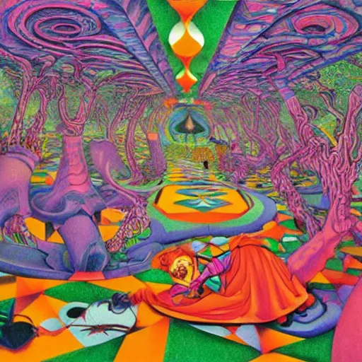 Image similar to a maddeningly colorful, psychedelic strange world of alice in wonderland by mc escher