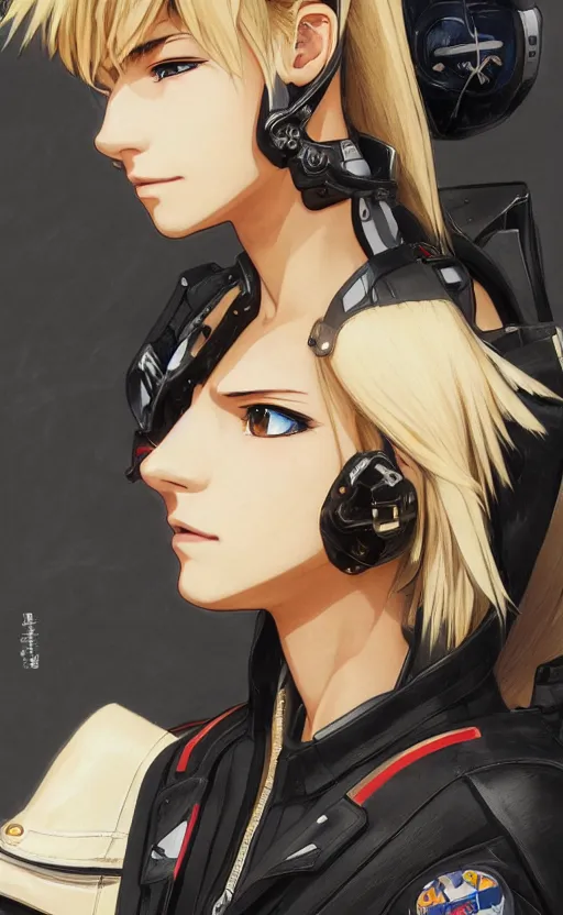 Prompt: side portrait of mechanized valkyrie, anime style, leather jacket, ace pilot, blonde hair, hair down, symmetrical facial features, from arknights, hyper realistic, 4 k, rule of thirds, extreme detail, detailed drawing, safebooru, hd, top gun, realistic lighting, by alphonse mucha, greg rutkowski, backlit