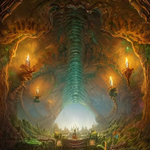 Prompt: a beautiful highly - detailed matte painting of the inside of a tall ancient emerald encrusted catacombs by peter mohrbacher and alex grey and james jean and lee madgwick and gregory crewdson, richly decorated emerald encrusted walls, lit by torches, highly - detailed interior, featured on artstation and conceptartworld, ultrawide angle