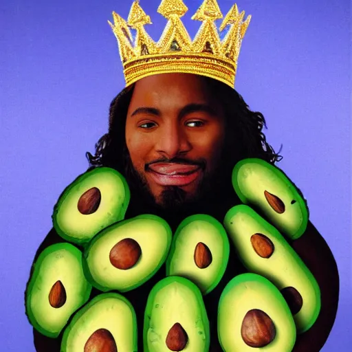 Prompt: A king wearing a crown made of avocados and a royal mantle